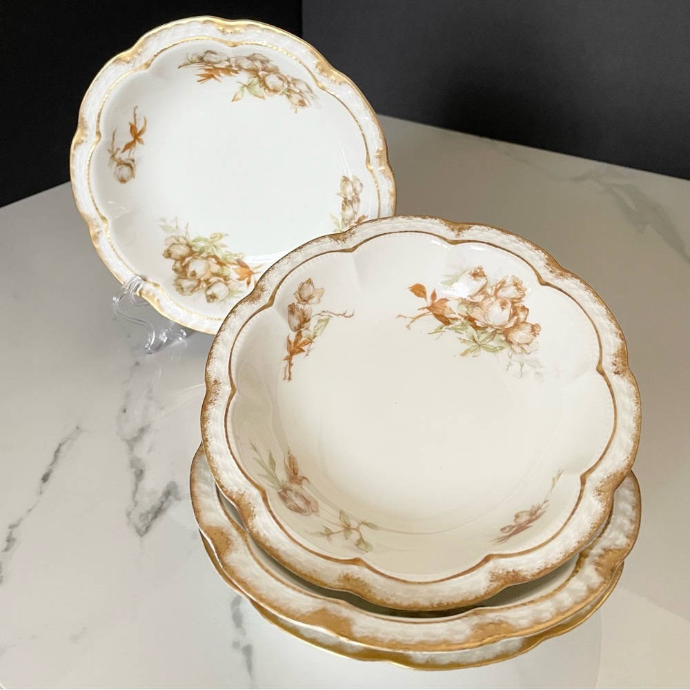 SET of 4 Brown Rose Bowls with Gold Trim 6.25" - Haviland Limoges